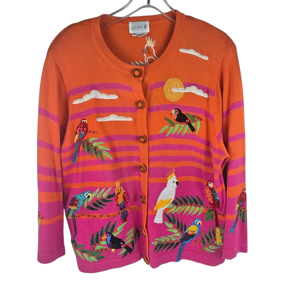Just B Cardigan Sweater Beaded Embroidered Tropical Birds Sz L Pink Orange 90s